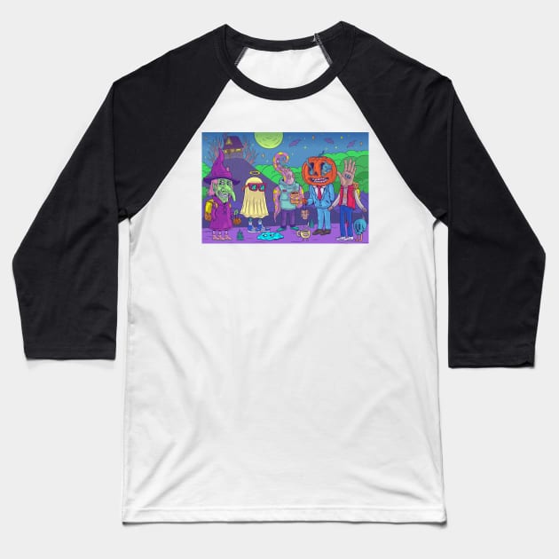 Spooky Halloween Creatures Cartoon Illustration Baseball T-Shirt by Mako Design 